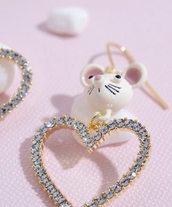 Heart-Shaped Asymmetrical Stud Earrings for Women - Irregular Mouse Ear Design, Diamond-Encrusted, Sparkly Pure Silver Jewelry