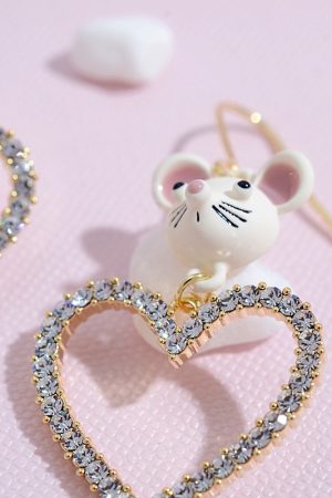 Heart-Shaped Asymmetrical Stud Earrings for Women - Irregular Mouse Ear Design, Diamond-Encrusted, Sparkly Pure Silver Jewelry
