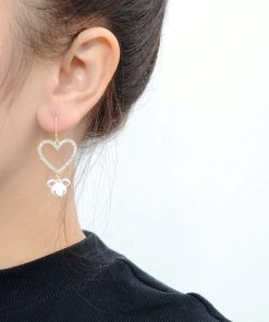 Heart-Shaped Asymmetrical Stud Earrings for Women - Irregular Mouse Ear Design, Diamond-Encrusted, Sparkly Pure Silver Jewelry