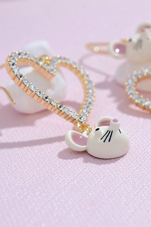 Heart-Shaped Asymmetrical Stud Earrings for Women - Irregular Mouse Ear Design, Diamond-Encrusted, Sparkly Pure Silver Jewelry