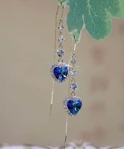 Heart-Shaped Blue Crystal Earrings - Elegant Long Design, Versatile Luxury Jewelry for Any Occasion
