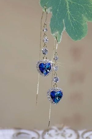 Heart-Shaped Blue Crystal Earrings - Elegant Long Design, Versatile Luxury Jewelry for Any Occasion