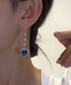 Heart-Shaped Blue Crystal Earrings - Elegant Long Design, Versatile Luxury Jewelry for Any Occasion
