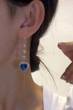 Heart-Shaped Blue Crystal Earrings - Elegant Long Design, Versatile Luxury Jewelry for Any Occasion
