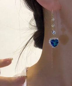 Heart-Shaped Blue Crystal Earrings - Elegant Long Design, Versatile Luxury Jewelry for Any Occasion