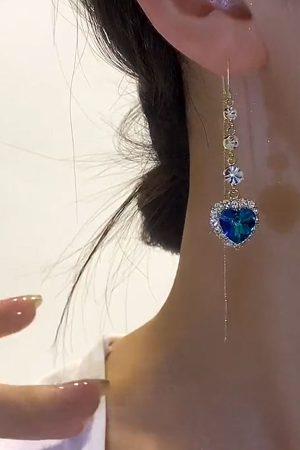 Heart-Shaped Blue Crystal Earrings - Elegant Long Design, Versatile Luxury Jewelry for Any Occasion