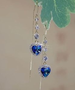 Heart-Shaped Blue Crystal Earrings - Elegant Long Design, Versatile Luxury Jewelry for Any Occasion