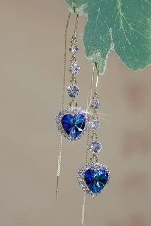Heart-Shaped Blue Crystal Earrings - Elegant Long Design, Versatile Luxury Jewelry for Any Occasion