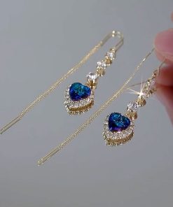 Heart-Shaped Blue Crystal Earrings - Elegant Long Design, Versatile Luxury Jewelry for Any Occasion