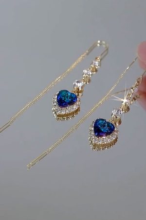 Heart-Shaped Blue Crystal Earrings - Elegant Long Design, Versatile Luxury Jewelry for Any Occasion