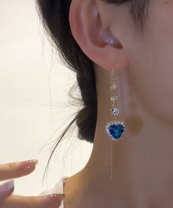 Heart-Shaped Blue Crystal Earrings - Elegant Long Design, Versatile Luxury Jewelry for Any Occasion