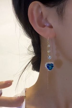 Heart-Shaped Blue Crystal Earrings - Elegant Long Design, Versatile Luxury Jewelry for Any Occasion