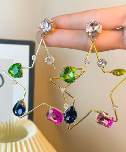 Heart-Shaped Spring Earrings for Women, Silver Needle with Five-Color Zircon and Hollow Star Design, Enhance Skin Tone Accessories