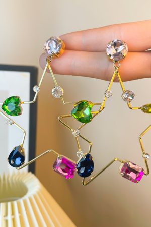Heart-Shaped Spring Earrings for Women, Silver Needle with Five-Color Zircon and Hollow Star Design, Enhance Skin Tone Accessories