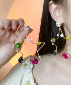 Heart-Shaped Spring Earrings for Women, Silver Needle with Five-Color Zircon and Hollow Star Design, Enhance Skin Tone Accessories