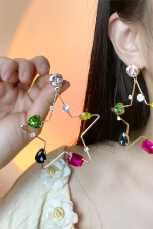 Heart-Shaped Spring Earrings for Women, Silver Needle with Five-Color Zircon and Hollow Star Design, Enhance Skin Tone Accessories