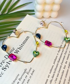 Heart-Shaped Spring Earrings for Women, Silver Needle with Five-Color Zircon and Hollow Star Design, Enhance Skin Tone Accessories