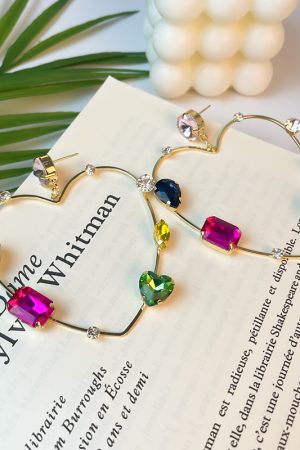 Heart-Shaped Spring Earrings for Women, Silver Needle with Five-Color Zircon and Hollow Star Design, Enhance Skin Tone Accessories