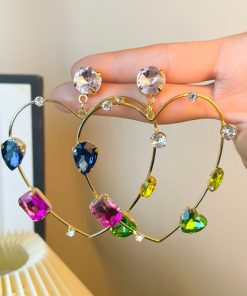 Heart-Shaped Spring Earrings for Women, Silver Needle with Five-Color Zircon and Hollow Star Design, Enhance Skin Tone Accessories