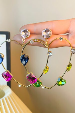 Heart-Shaped Spring Earrings for Women, Silver Needle with Five-Color Zircon and Hollow Star Design, Enhance Skin Tone Accessories