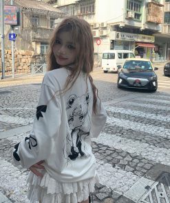 Heartbeat Beautiful Girl Spring Comic Design Loose White Long Sleeve T-Shirt for Women - Trendy 90s Inspired Niche Top