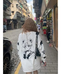 Heartbeat Beautiful Girl Spring Comic Design Loose White Long Sleeve T-Shirt for Women - Trendy 90s Inspired Niche Top