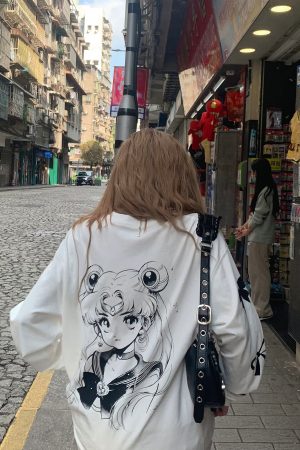 Heartbeat Beautiful Girl Spring Comic Design Loose White Long Sleeve T-Shirt for Women - Trendy 90s Inspired Niche Top