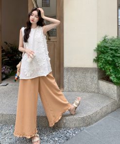 Heavy-Duty 3D Embroidered Top & Wide-Leg Pants Two-Piece Set for Women - 2025 Summer Korean Style Fashion