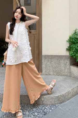 Heavy-Duty 3D Embroidered Top & Wide-Leg Pants Two-Piece Set for Women - 2025 Summer Korean Style Fashion