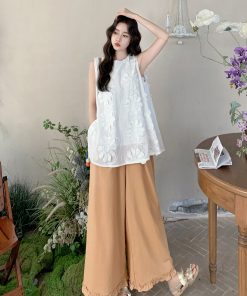 Heavy-Duty 3D Embroidered Top & Wide-Leg Pants Two-Piece Set for Women - 2025 Summer Korean Style Fashion