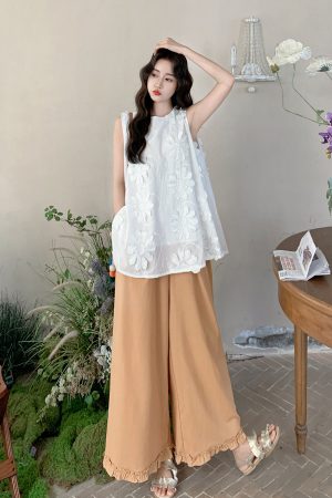 Heavy-Duty 3D Embroidered Top & Wide-Leg Pants Two-Piece Set for Women - 2025 Summer Korean Style Fashion