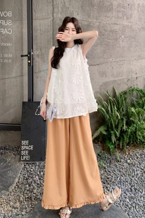 Heavy-Duty 3D Embroidered Top & Wide-Leg Pants Two-Piece Set for Women - 2025 Summer Korean Style Fashion