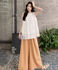 Heavy-Duty 3D Embroidered Top & Wide-Leg Pants Two-Piece Set for Women - 2025 Summer Korean Style Fashion