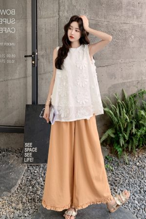 Heavy-Duty 3D Embroidered Top & Wide-Leg Pants Two-Piece Set for Women - 2025 Summer Korean Style Fashion