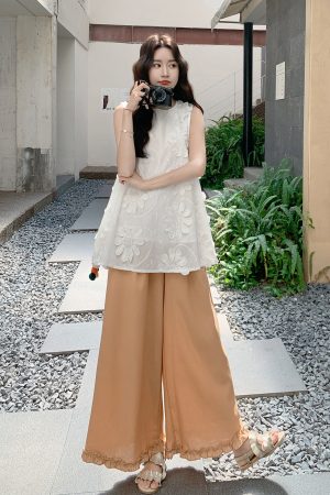 Heavy-Duty 3D Embroidered Top & Wide-Leg Pants Two-Piece Set for Women - 2025 Summer Korean Style Fashion