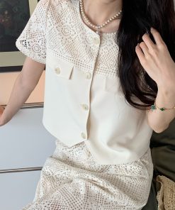 Heavy-Duty Hollow Lace Two-Piece Set for Women, Elegant Loose Summer Shirt and Pants, Midsummer Night 2.0 Style
