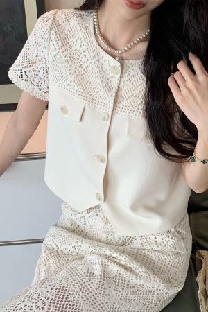 Heavy-Duty Hollow Lace Two-Piece Set for Women, Elegant Loose Summer Shirt and Pants, Midsummer Night 2.0 Style