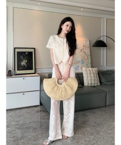 Heavy-Duty Hollow Lace Two-Piece Set for Women, Elegant Loose Summer Shirt and Pants, Midsummer Night 2.0 Style