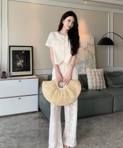 Heavy-Duty Hollow Lace Two-Piece Set for Women, Elegant Loose Summer Shirt and Pants, Midsummer Night 2.0 Style