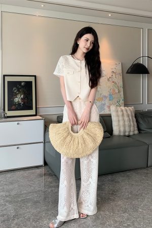 Heavy-Duty Hollow Lace Two-Piece Set for Women, Elegant Loose Summer Shirt and Pants, Midsummer Night 2.0 Style