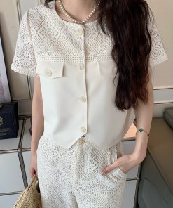 Heavy-Duty Hollow Lace Two-Piece Set for Women, Elegant Loose Summer Shirt and Pants, Midsummer Night 2.0 Style
