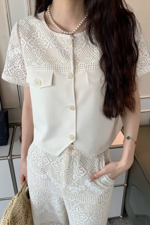 Heavy-Duty Hollow Lace Two-Piece Set for Women, Elegant Loose Summer Shirt and Pants, Midsummer Night 2.0 Style