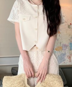 Heavy-Duty Hollow Lace Two-Piece Set for Women, Elegant Loose Summer Shirt and Pants, Midsummer Night 2.0 Style