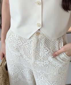 Heavy-Duty Hollow Lace Two-Piece Set for Women, Elegant Loose Summer Shirt and Pants, Midsummer Night 2.0 Style