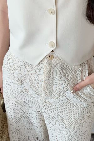 Heavy-Duty Hollow Lace Two-Piece Set for Women, Elegant Loose Summer Shirt and Pants, Midsummer Night 2.0 Style