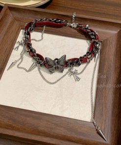Heavy Industrial Leather Punk Butterfly Choker Necklace for Women - Sweet Cool Style, Y2K Neck Accessory