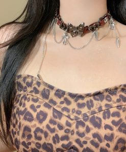 Heavy Industrial Leather Punk Butterfly Choker Necklace for Women - Sweet Cool Style, Y2K Neck Accessory