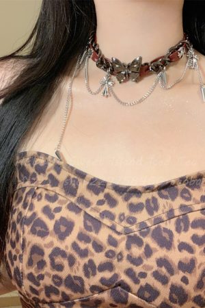 Heavy Industrial Leather Punk Butterfly Choker Necklace for Women - Sweet Cool Style, Y2K Neck Accessory