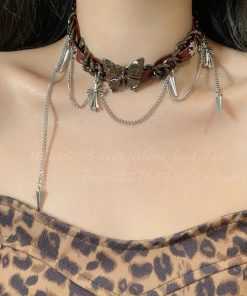 Heavy Industrial Leather Punk Butterfly Choker Necklace for Women - Sweet Cool Style, Y2K Neck Accessory
