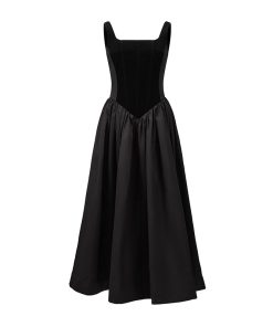 Heavy Industry Fishbone Little Black Dress - Velvet Spliced Waist-Defining Slimming Cami Dress with Flared Skirt, Y2K Style
